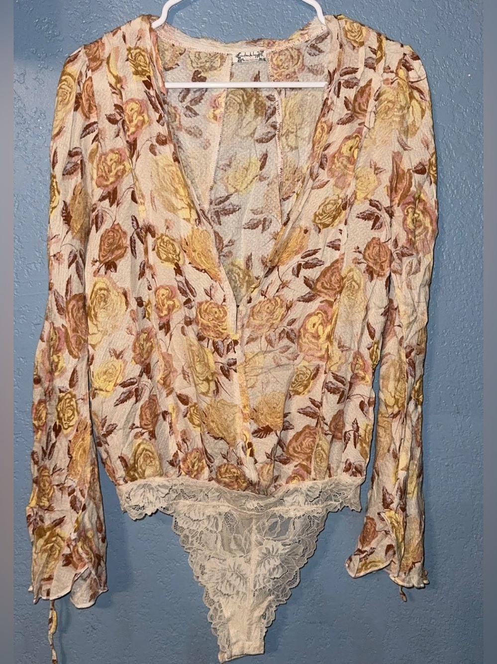 Free People Cream Bodysuit with Yellow & Tan Floral Print
